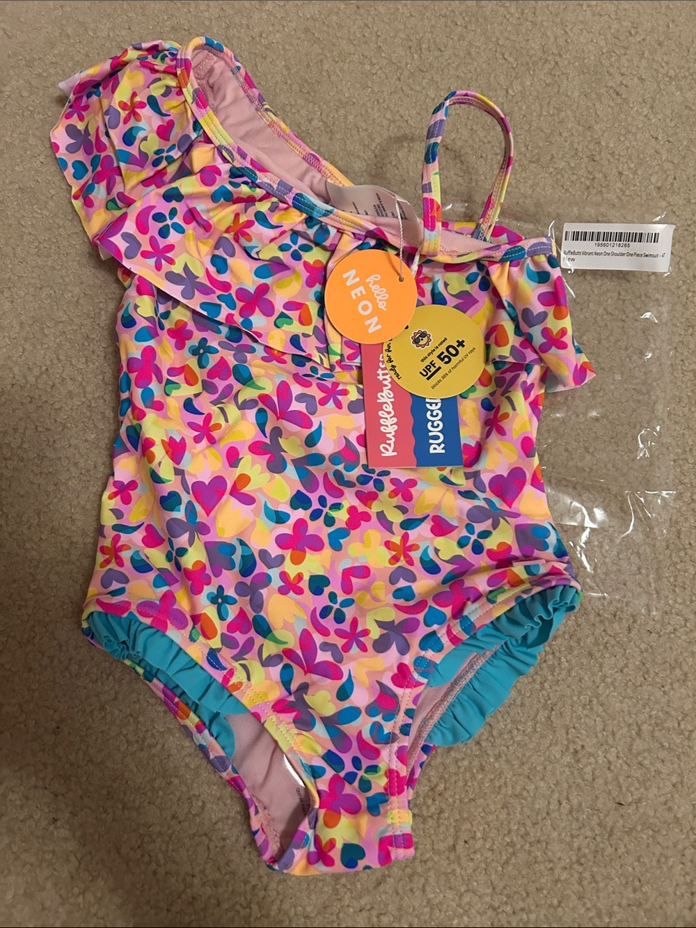 Girls 4t one piece vibrant neon flower bathing suit swim new nwt one shoulder